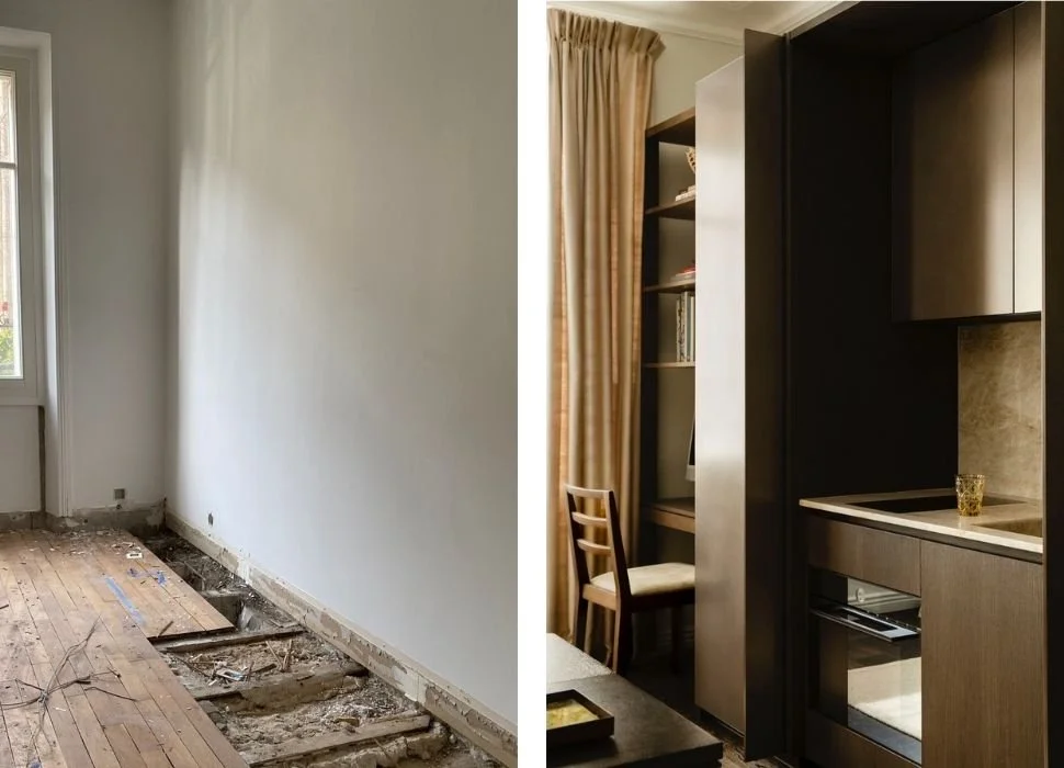 Before and after Paris apartment renovation: gutted room with exposed flooring versus finished dark wood kitchenette with built-in shelving