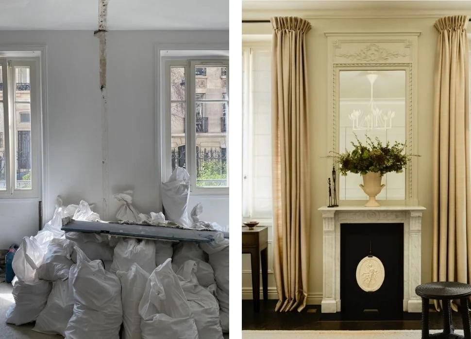 Before and after Paris apartment renovation: bare walls with construction materials versus finished room with ornate fireplace and silk curtains