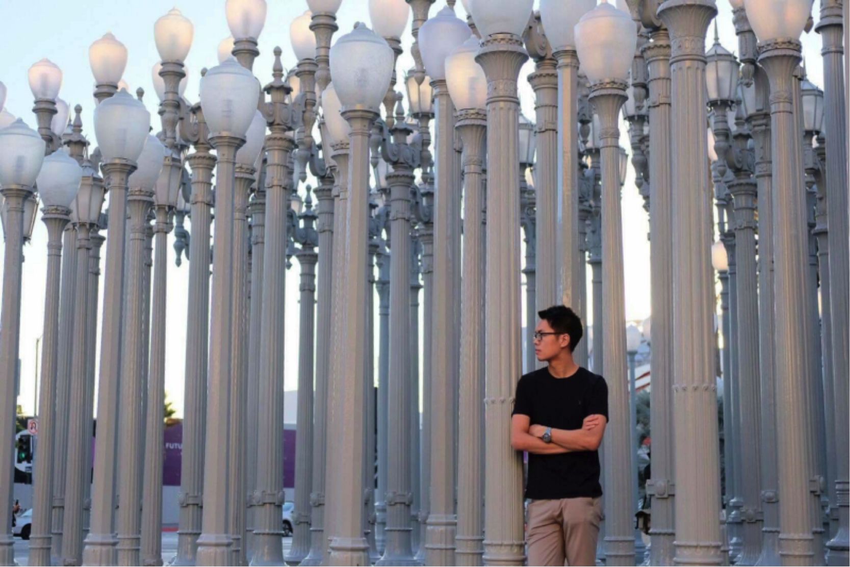 Weihao Qiu, a UC Santa Barbara Media and Technology student, visits LACMA’s Urban Light installation.