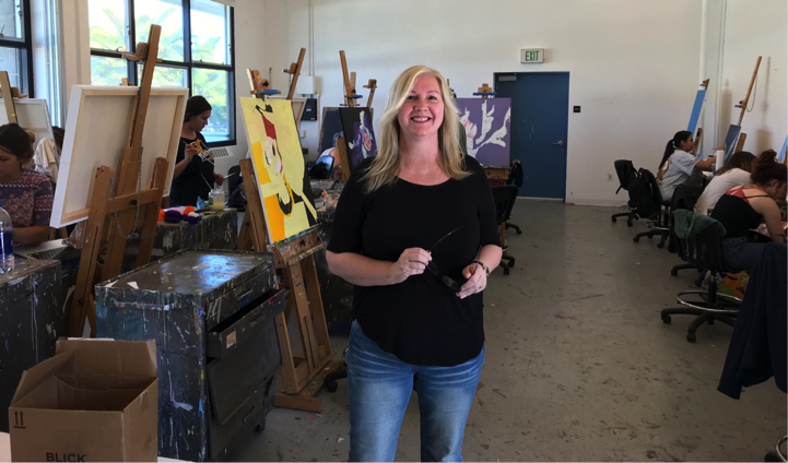 Art Professor Jane Callister poses with her painting students. 