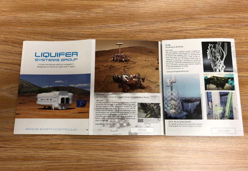 A pamphlet that briefly outlines the projects that Barbaraa Imhof’s LIQUIFIER Systems Group develops.