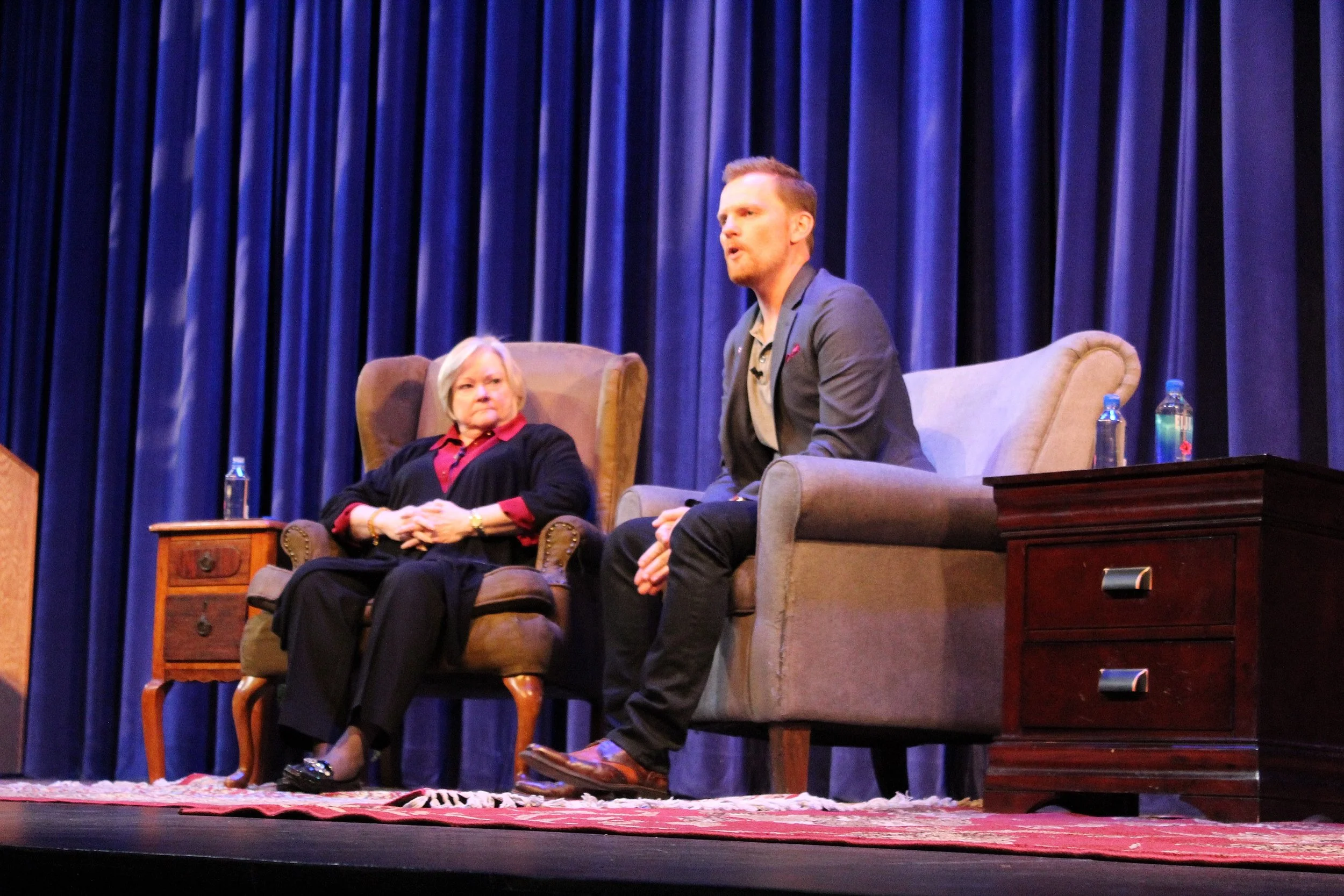 Judy Shepard accompanied by event host Eric Jorgensen, director of the current UCSB production of The Laramie Project.