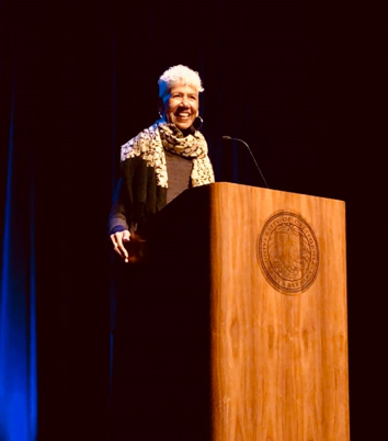 Ericka Huggins speaks to an audience at Campbell Hall.