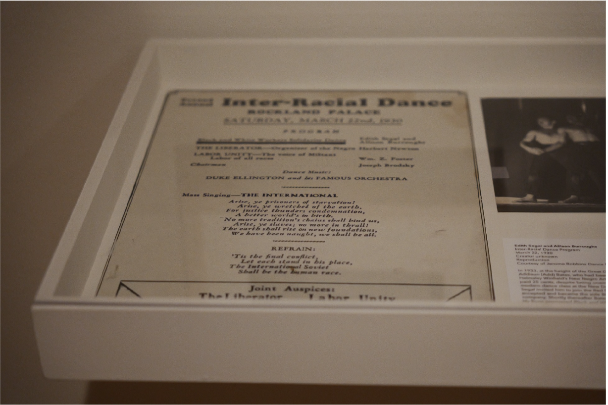  Black and White, by Allison Burroughs and Edith Segal, was one of the first interracial dance performances in the United States. The pair utilized dance performances for the sole purpose of achieving social and political objectives, using workers as