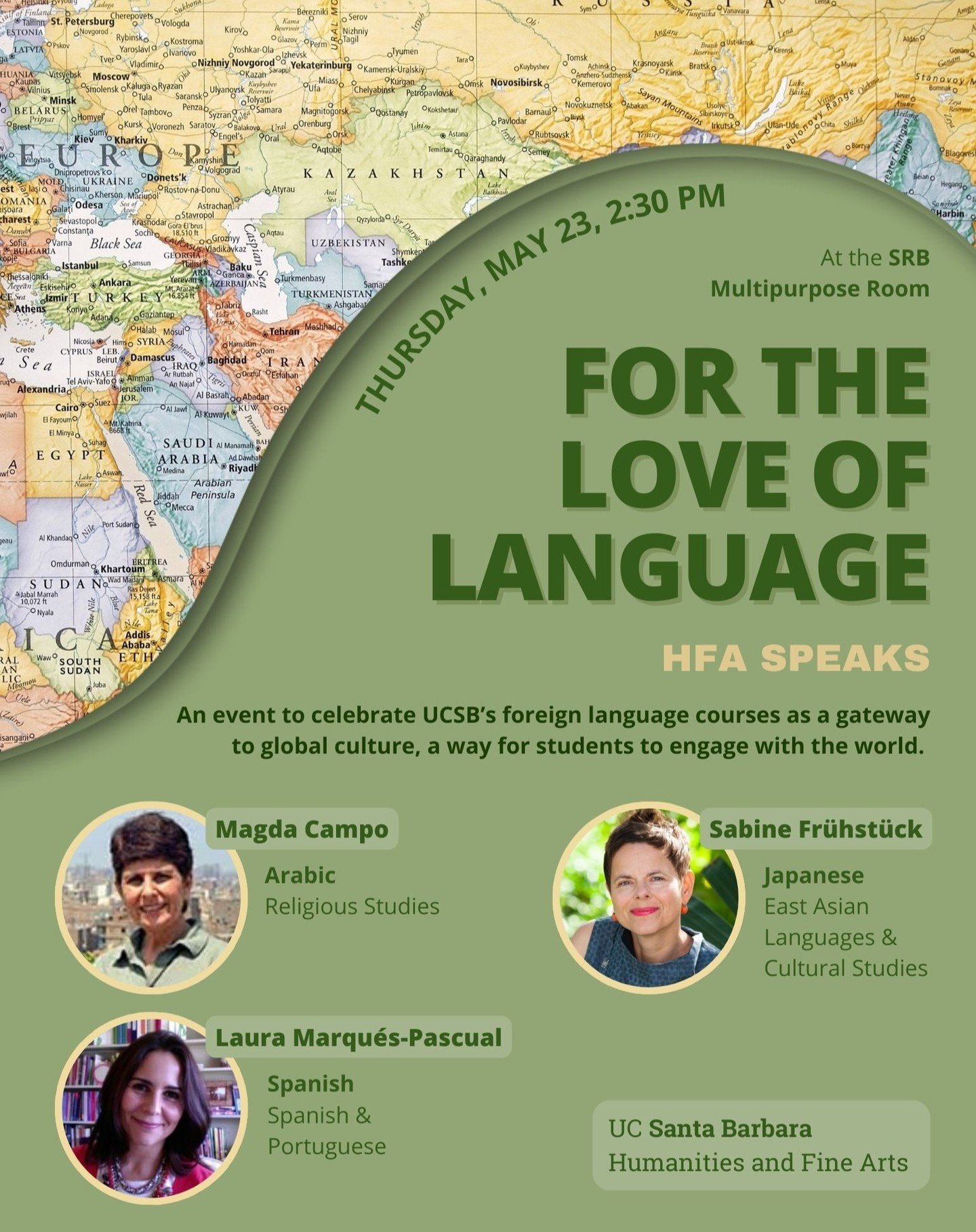 Join an HFA Speaks panel of UCSB foreign language faculty as they discuss the importance of language learning. Led by student moderator Jackie Jauregui, this discussion will delve into how foreign language courses offer a portal to global culture. Th