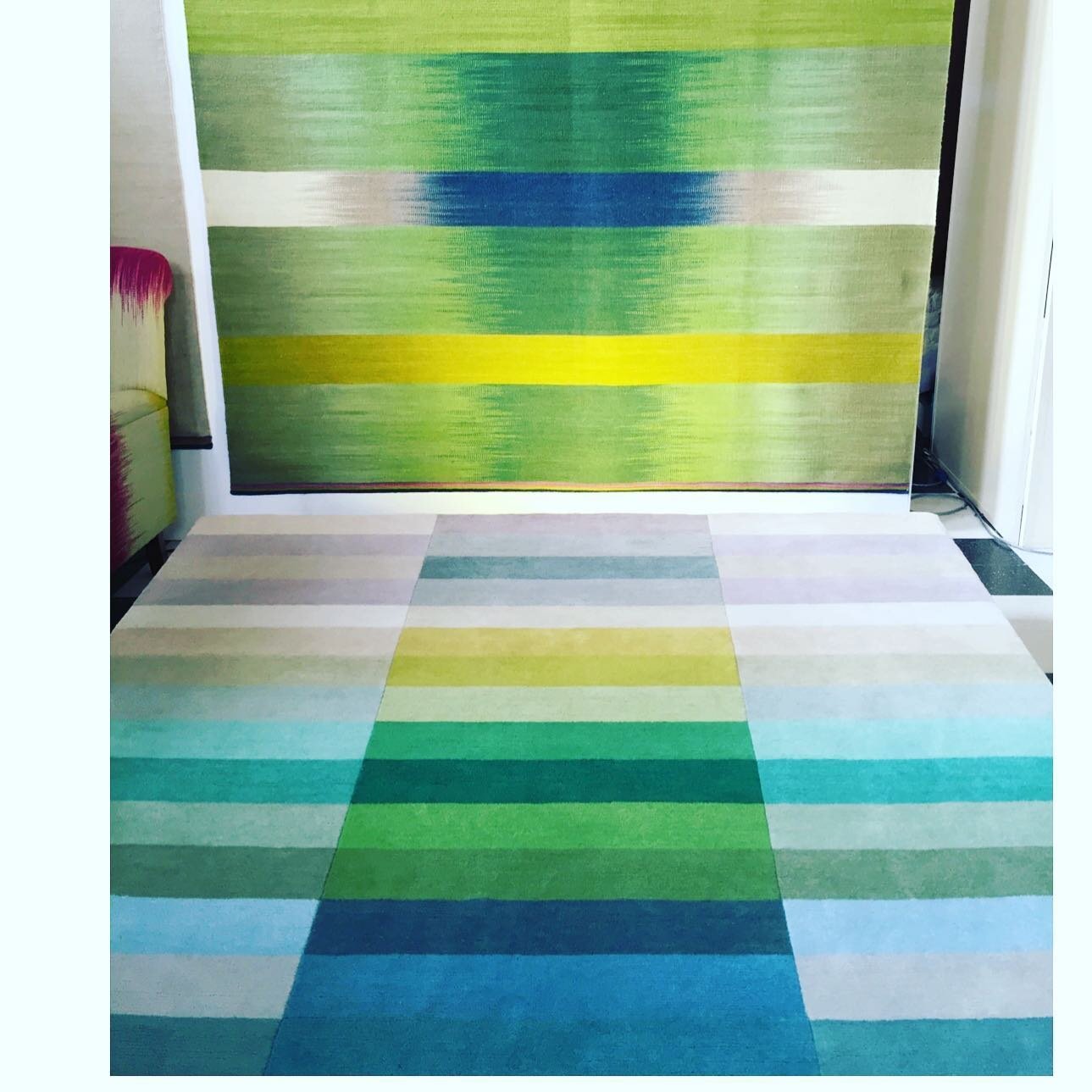 Looking forward to using one of these stunning rugs in our wimbledon project #interiordesign #craftsmanship #rug #green #blue #vibrant #uplifting