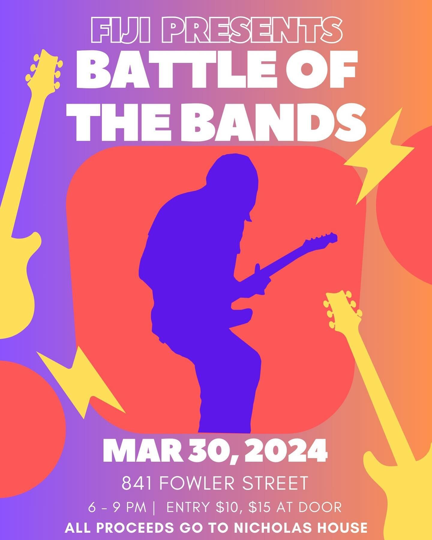 Fiji Philanthropy is hosting our 3rd Battle of the Bands on March 30th, 6-9 pm at the house❗️Purchase tickets for $10 through the link in bio&nbsp;or pay $15 at the door 🎟️ Come enjoy some live music and good food 🎸

All proceeds go to Nicholas Hou
