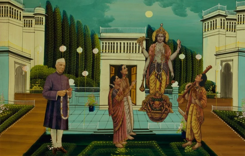 Collage depicting deity Satyanarayan and Pandit Jawaharlal Nehru , Unknown Maker | Chromolithograph cut-outs on printed backdrop, c. 1930
