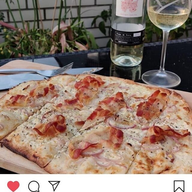 Repost From @sheridanscheese .
Here&rsquo;s a lovely one for the #longweekend .
Creme fraiche, d&rsquo;lsigny, sliced pancetta, shallot, lots of pepper, bottle of Vdt Verdejo
.
All ingredients available from our friends @sheridanscheese #flammkuchen 