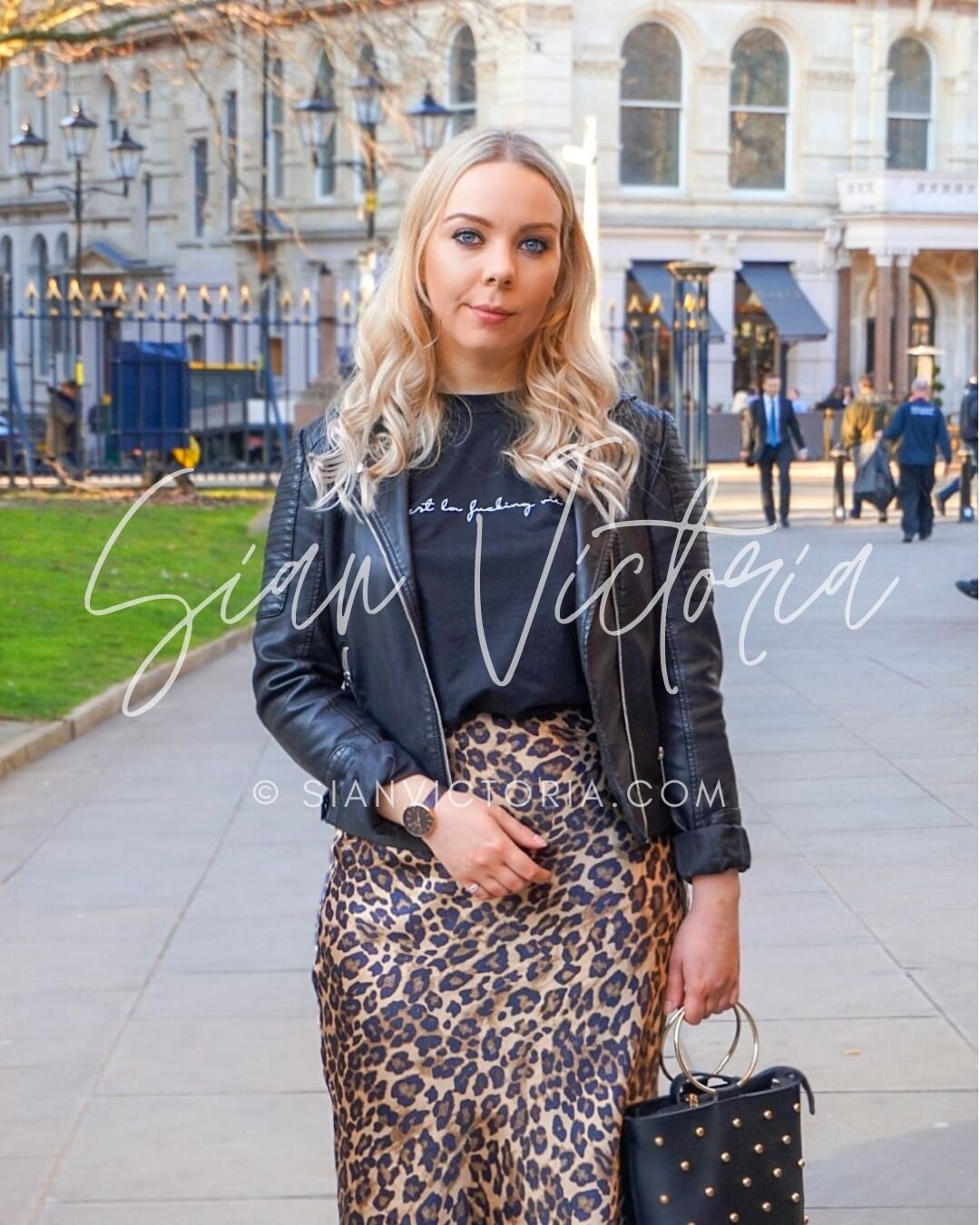 Outfit: Faux Jacket, Leopard Print Midi & Slogan Top — Sian Victoria.