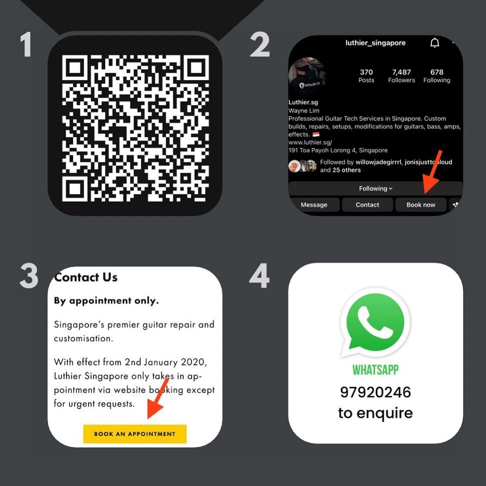 You can now book an appointment via different channels - QR, IG, Website (luthier.sg) from 1 April onwards. For collection and enquiries, WhatsApp 97920246. 

See you guys soon! 🤘