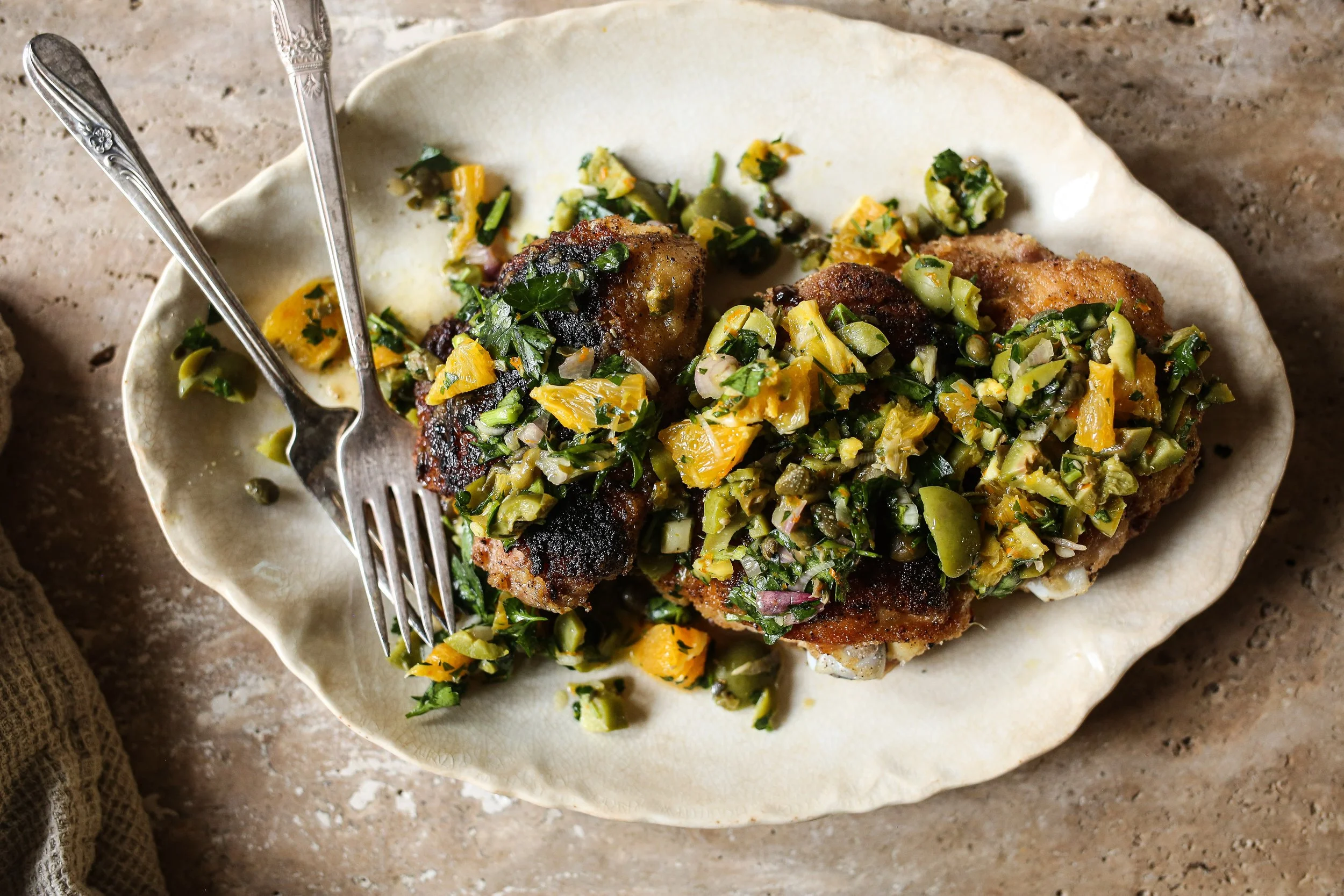 Crispy Chicken with Fennel, Orange and Olives