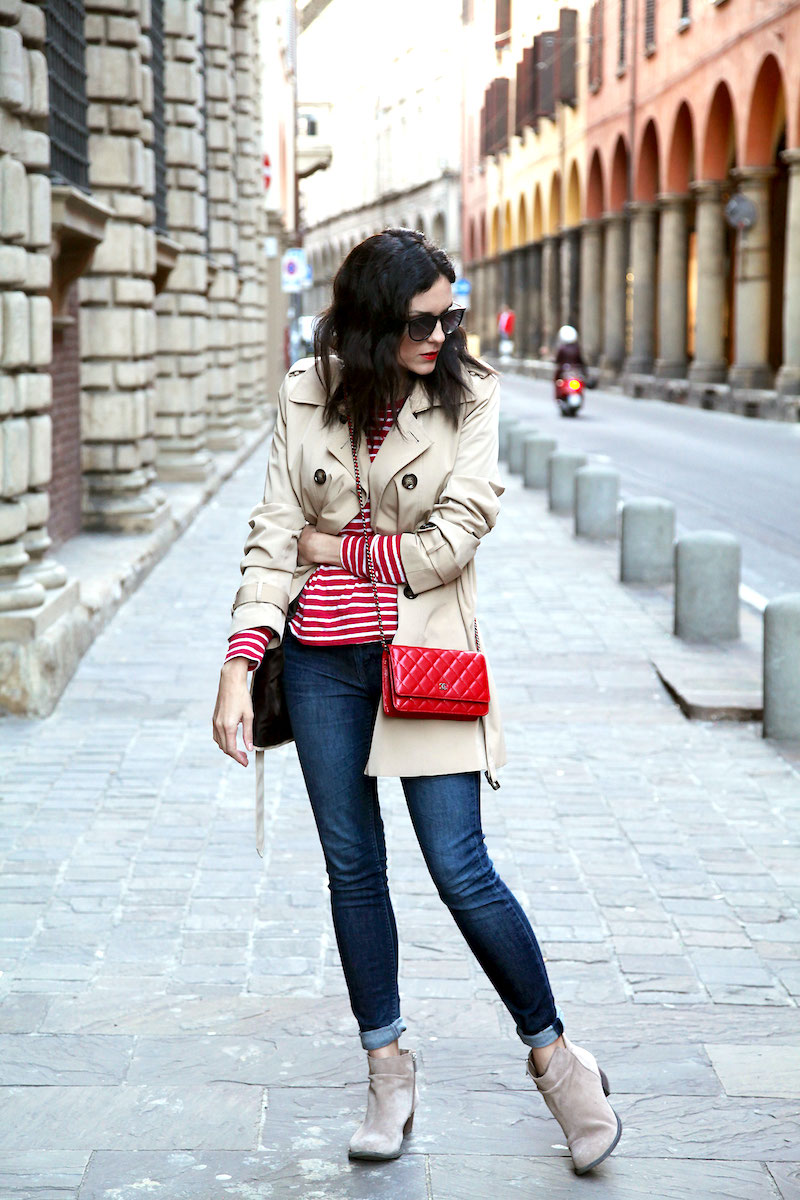 casual red trench coat outfit