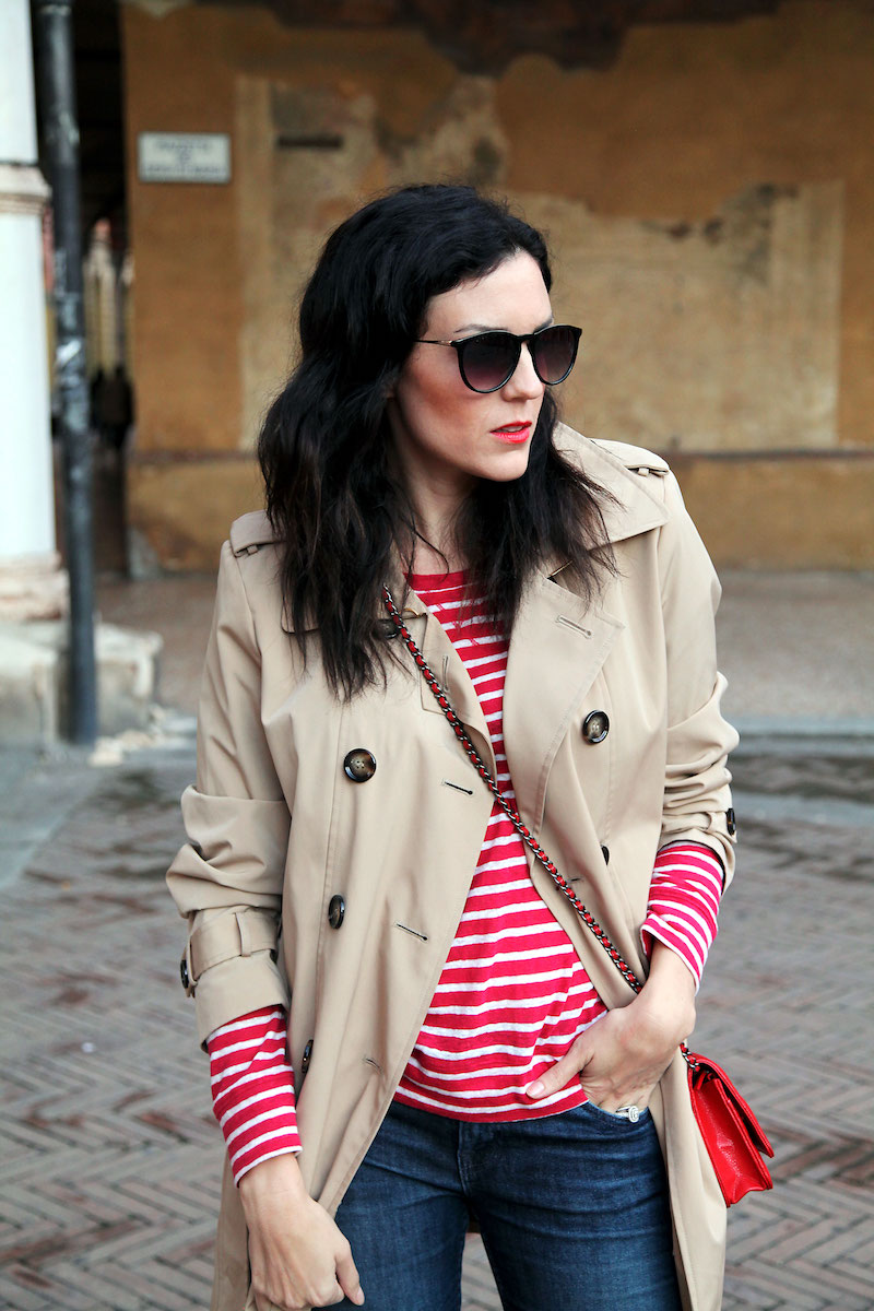 casual red trench coat outfit