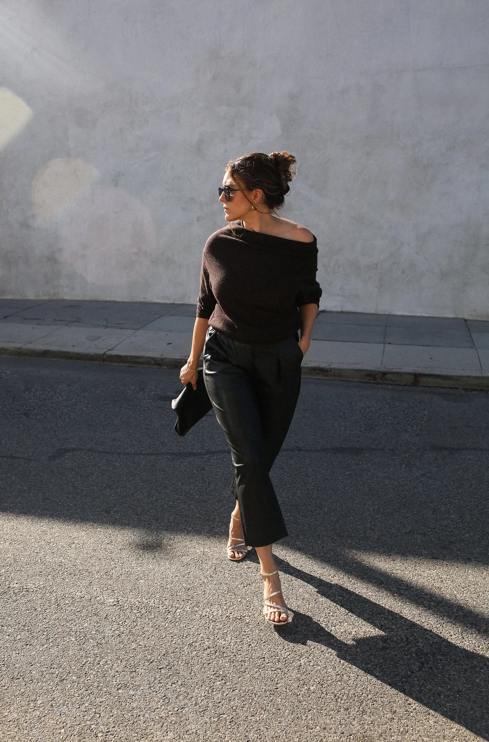 brown sweater gray pants