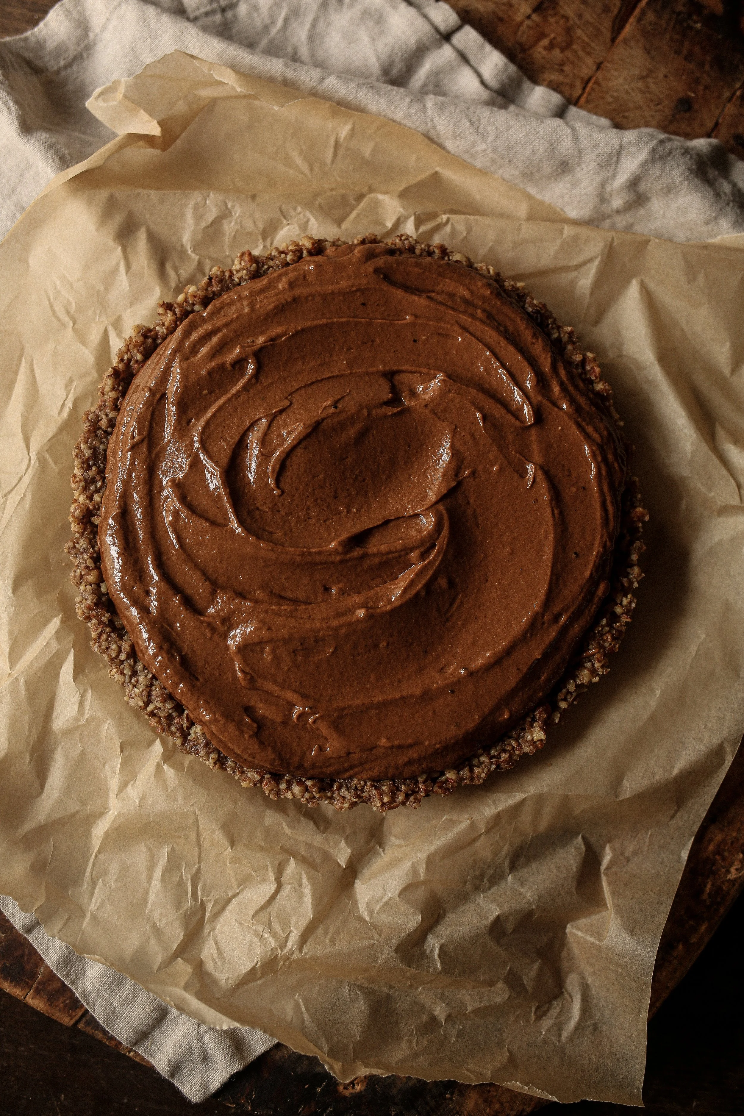 Chocolate pecan torte with silky ganache and espresso chocolate mousse