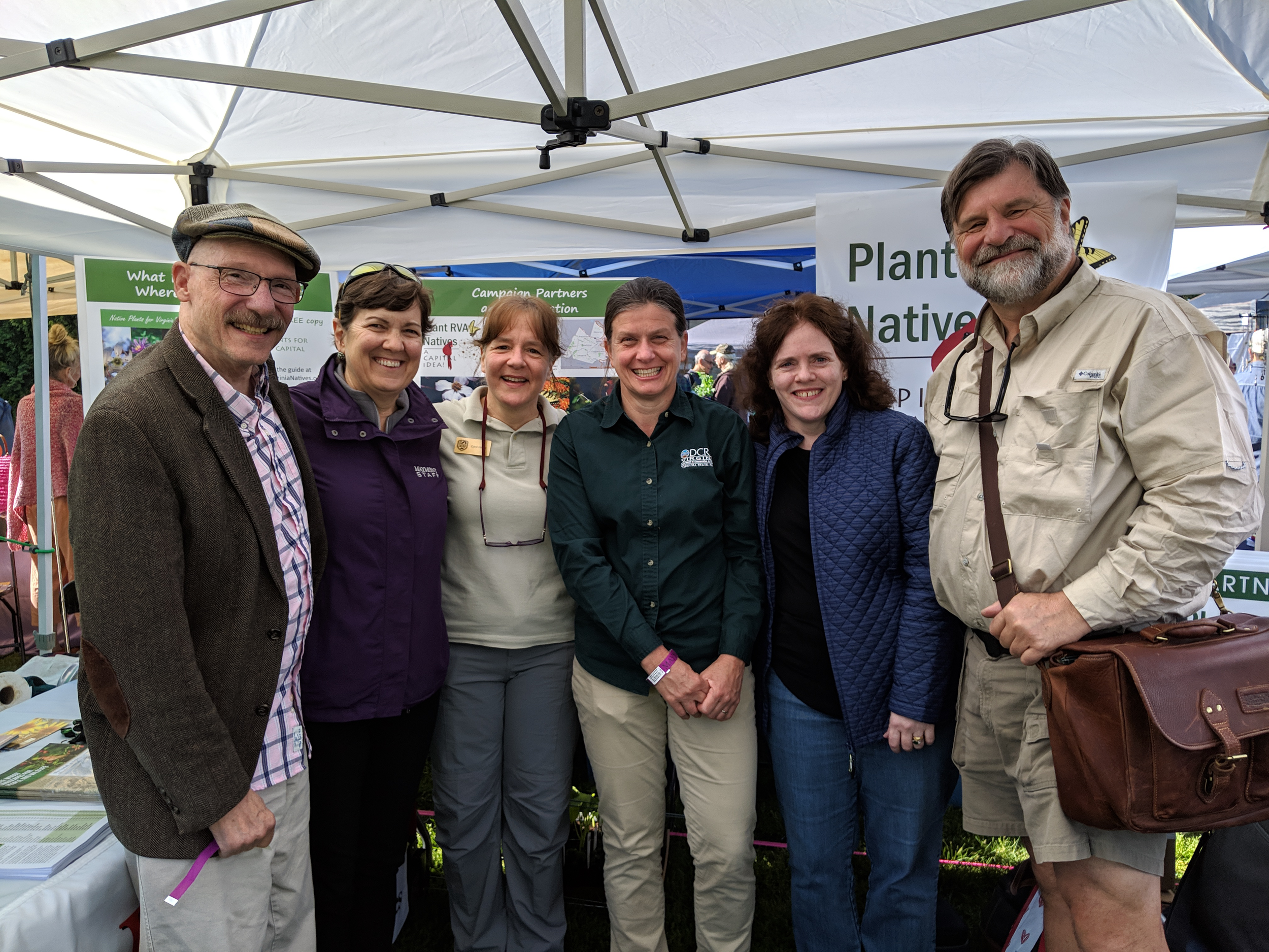 Maymont - Campaign launch at Herb’s Galore and More. (l to r) Steve-Clark, WCVE; Peggy-Singlemann, Maymont; Carol-Heiser, DGIF; Irene-Frentz, DCR; Virginia-Witmer, Virginia CZM Program and DEQ; Art Evans, VMNH and WCVE. Thanks to the Pocahontas Chapter of the Virginia Native Plant Society for the refreshments and the lovely native plant floral displays!