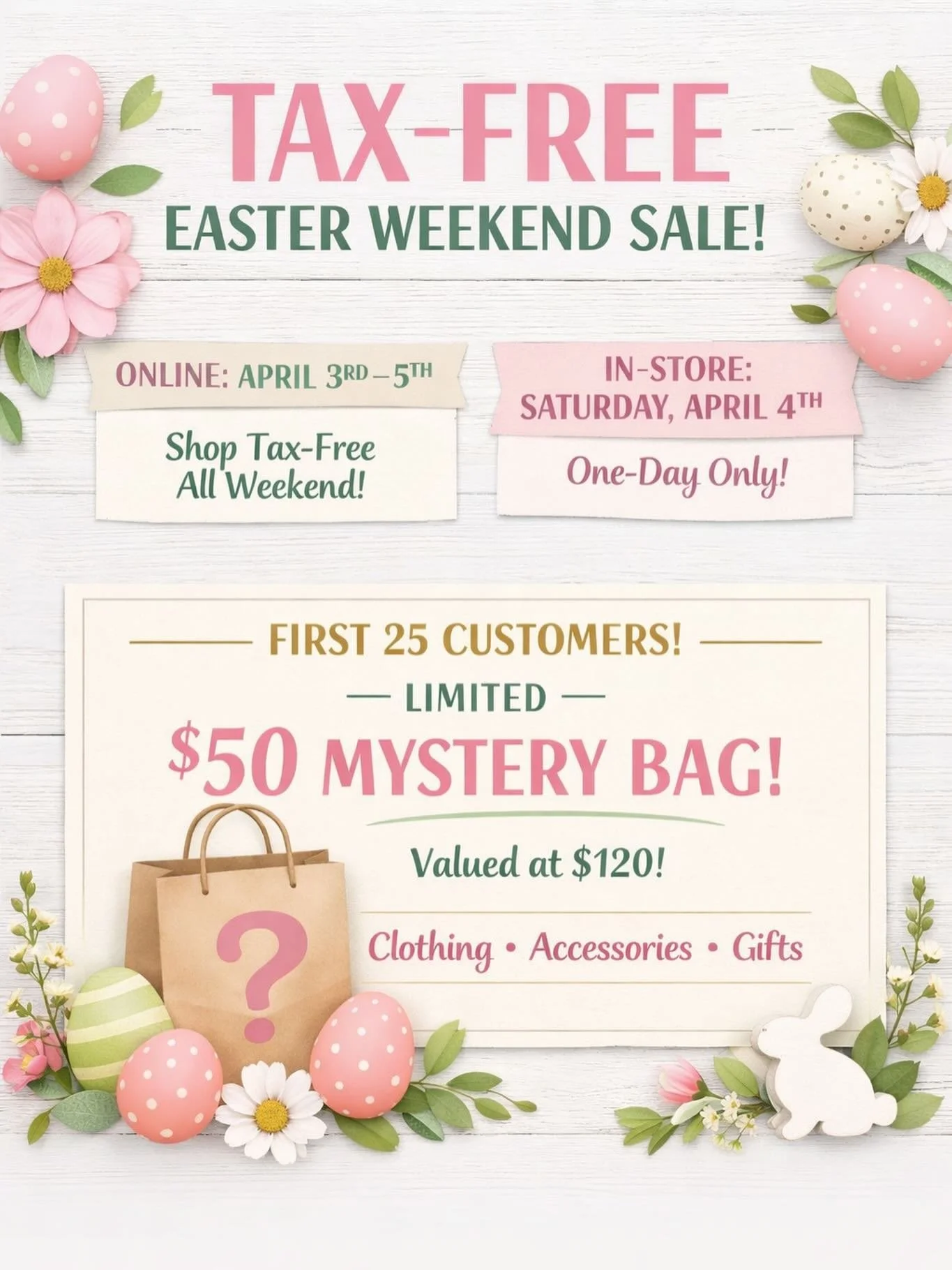 Enjoy TAX-FREE shopping all weekend long - the perfect excuse to refresh your wardrobe for spring 🌷
🛍️ Shop online: Friday&ndash;Sunday
Use code HAPPYEASTER at checkout
🏬 In-store: Saturday only
🎁 PLUS - our first 25 in-store customers on Saturda