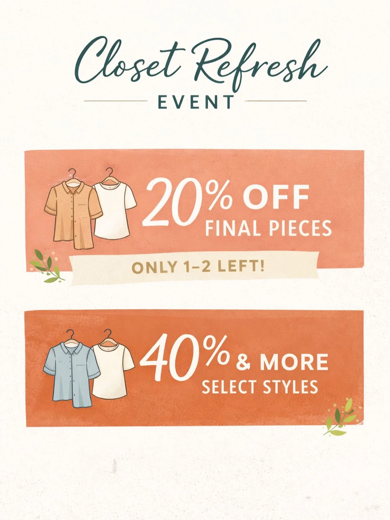 ✨ CLOSET REFRESH EVENT STARTS TODAY ✨
We&rsquo;ve had so many new arrivals hit the floor lately&hellip; which means it&rsquo;s time to make some room 👀
Starting today (Monday), we&rsquo;re bringing out: &bull; 20% OFF final pieces (only 1&ndash;2 le