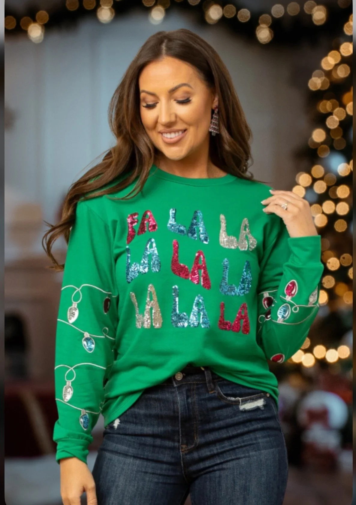 FA LA LA Sequins on Green Sweatshirt