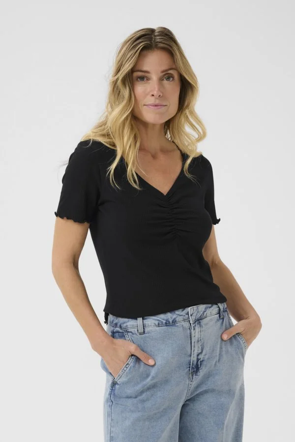 Cream Ribba V Neck Top Black