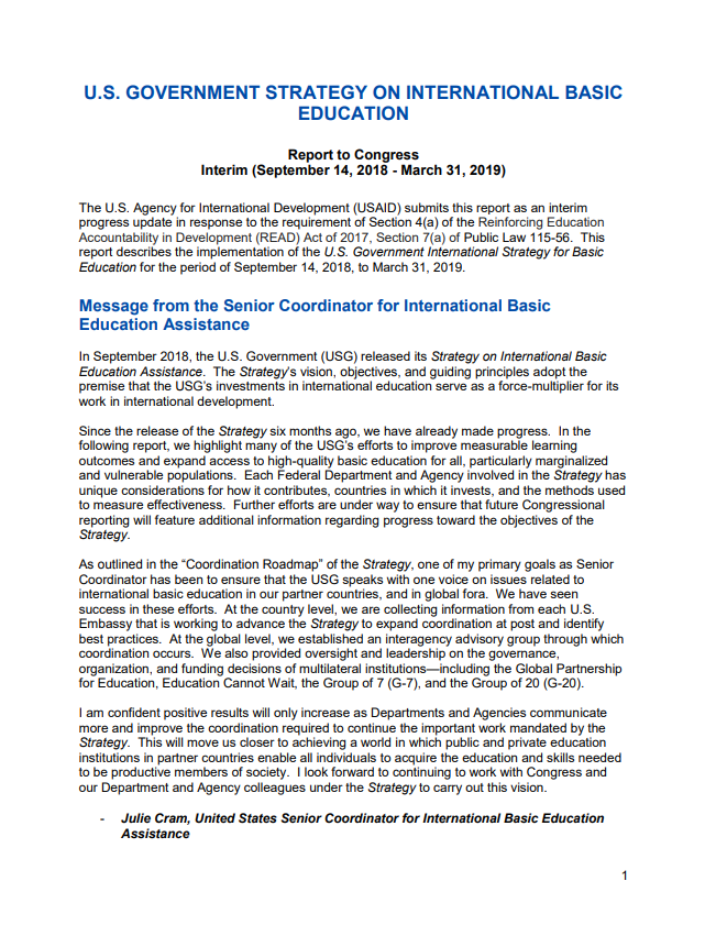 U.S. Government Strategy on International Basic Education- 2019 Interim Report Submitted to Congress&nbsp;