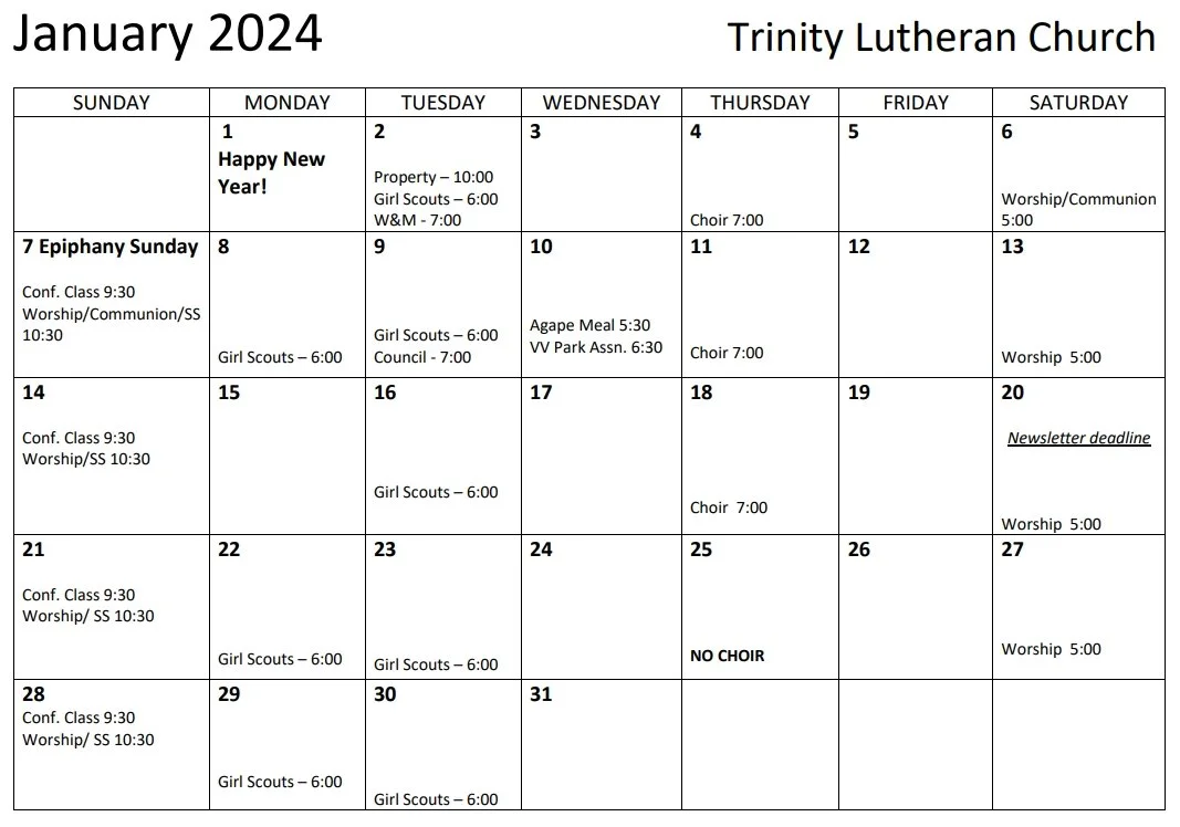 Calendar — Trinity Lutheran Church