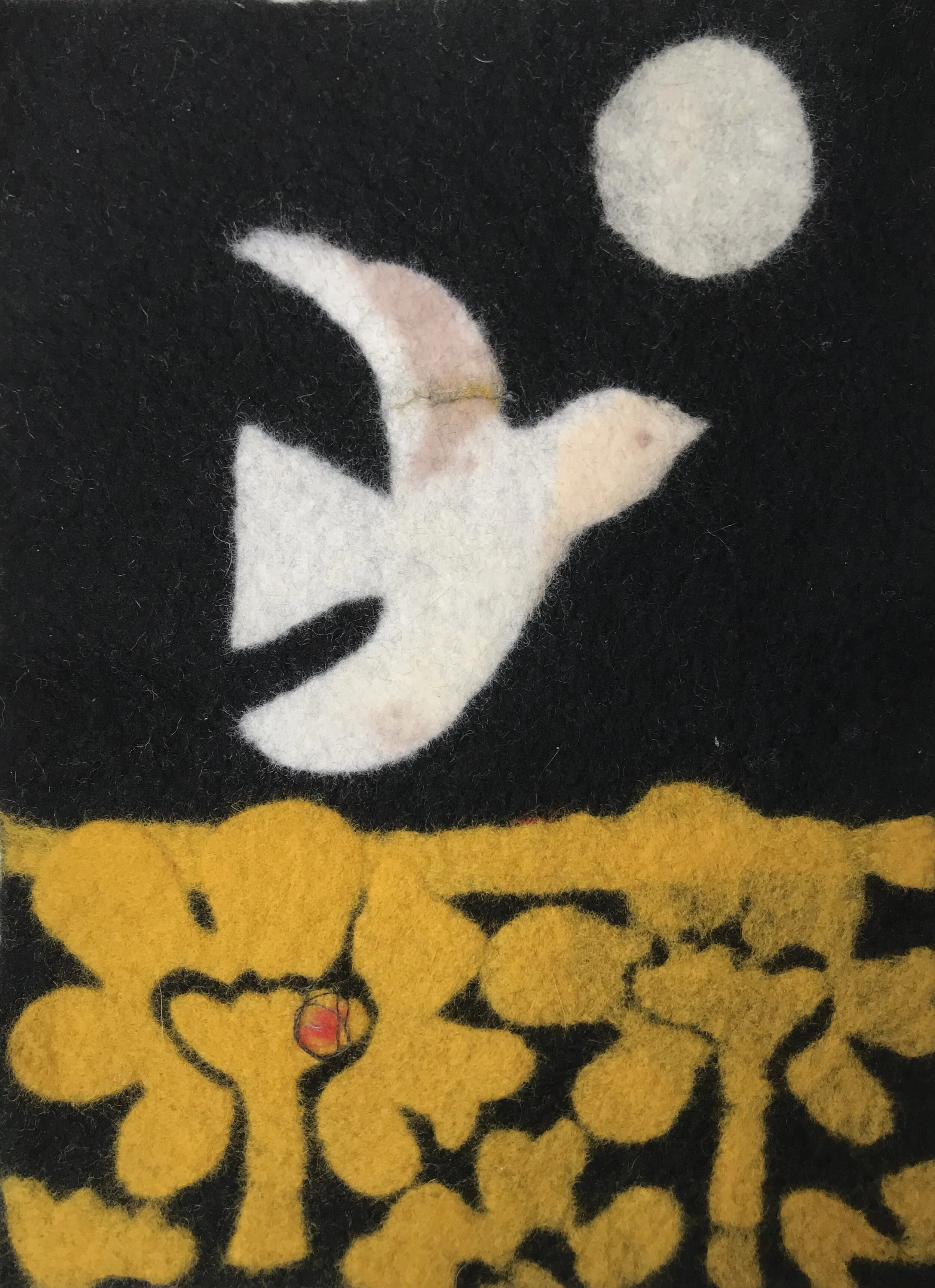 A white bird like form seemingly flying above a landscape of dark yellow abstract flowers on a black background