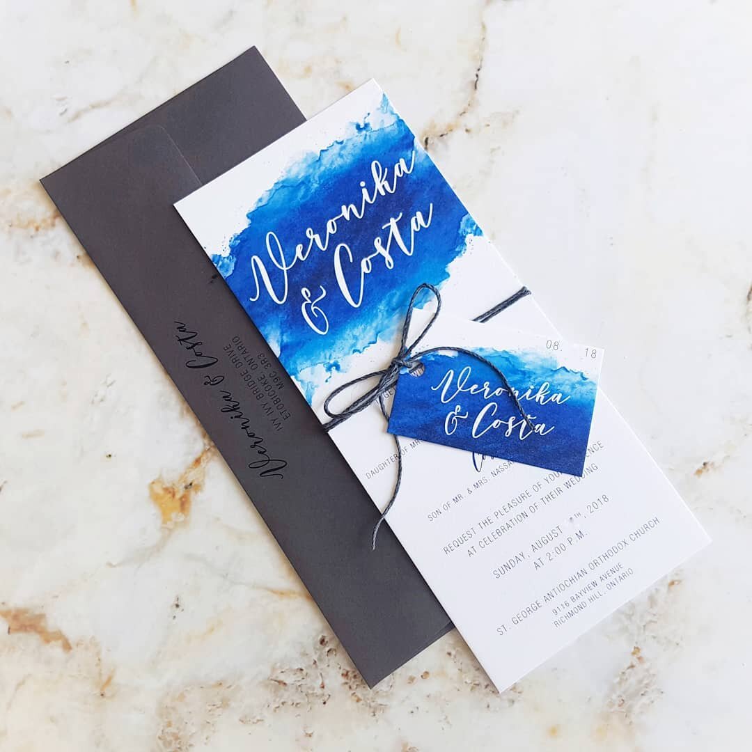 ❤!! I'll always love the combination of vibrant azure blue with ultra cool gray. This lovely couple came in with a specific vision for a #watercolour style invitation, and we created something special for them. Printed on super soft cotton paper, we 