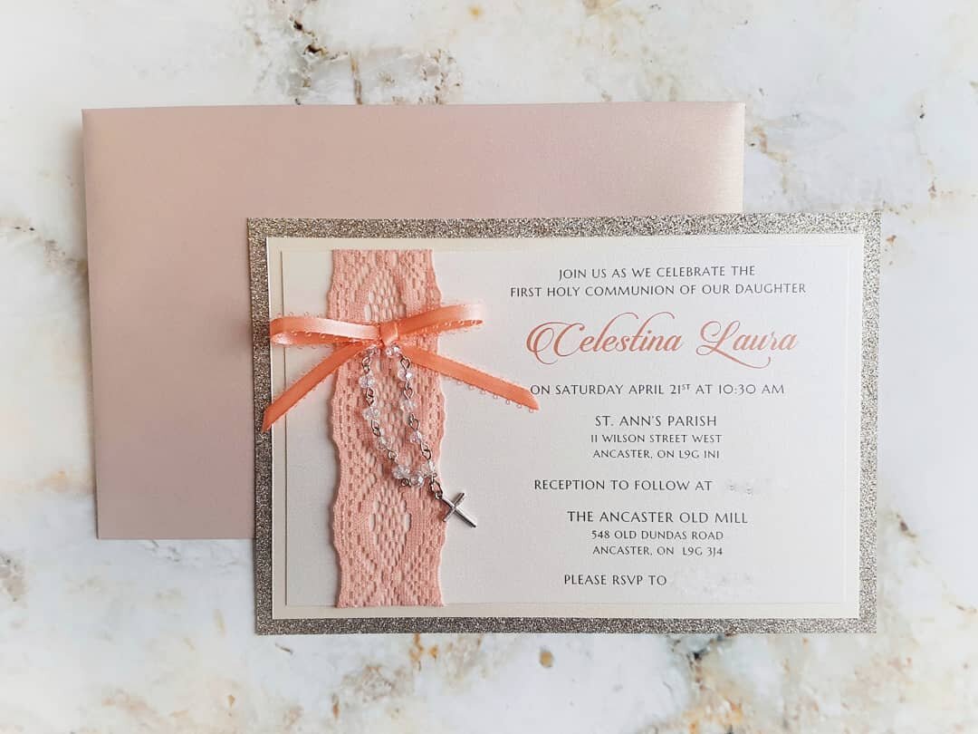 Sweet peach and gold #communion invitation. The details of this invitation make it one of a kind! A beautiful beaded silver cross sparkles in this elegant design, with a glitter gold backer and ivory and white shimmer papers to complete the look. Swi