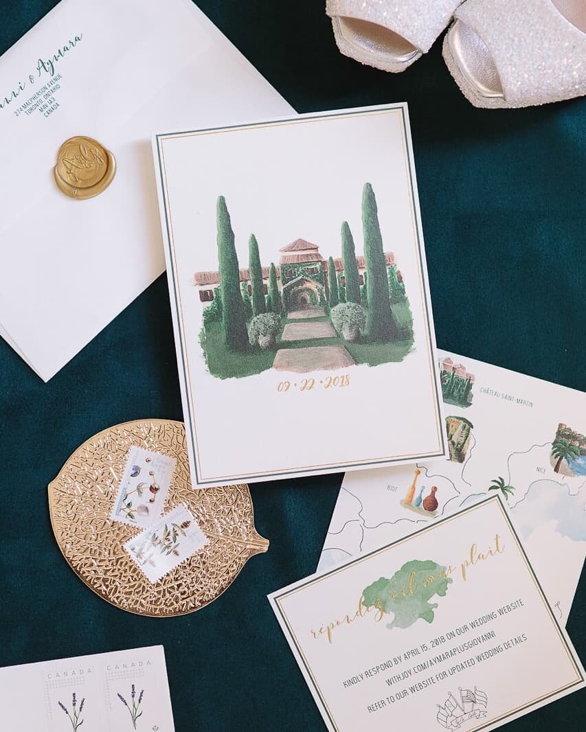 Exquisite wedding invitation with original watercolour artwork inspired by this couple's venue, a gorgeous Parisian chateau. Printed on double thick cotton paper, enhanced with gold foil and sealed with a custom wax stamp. 💌 📷 @mangostudios