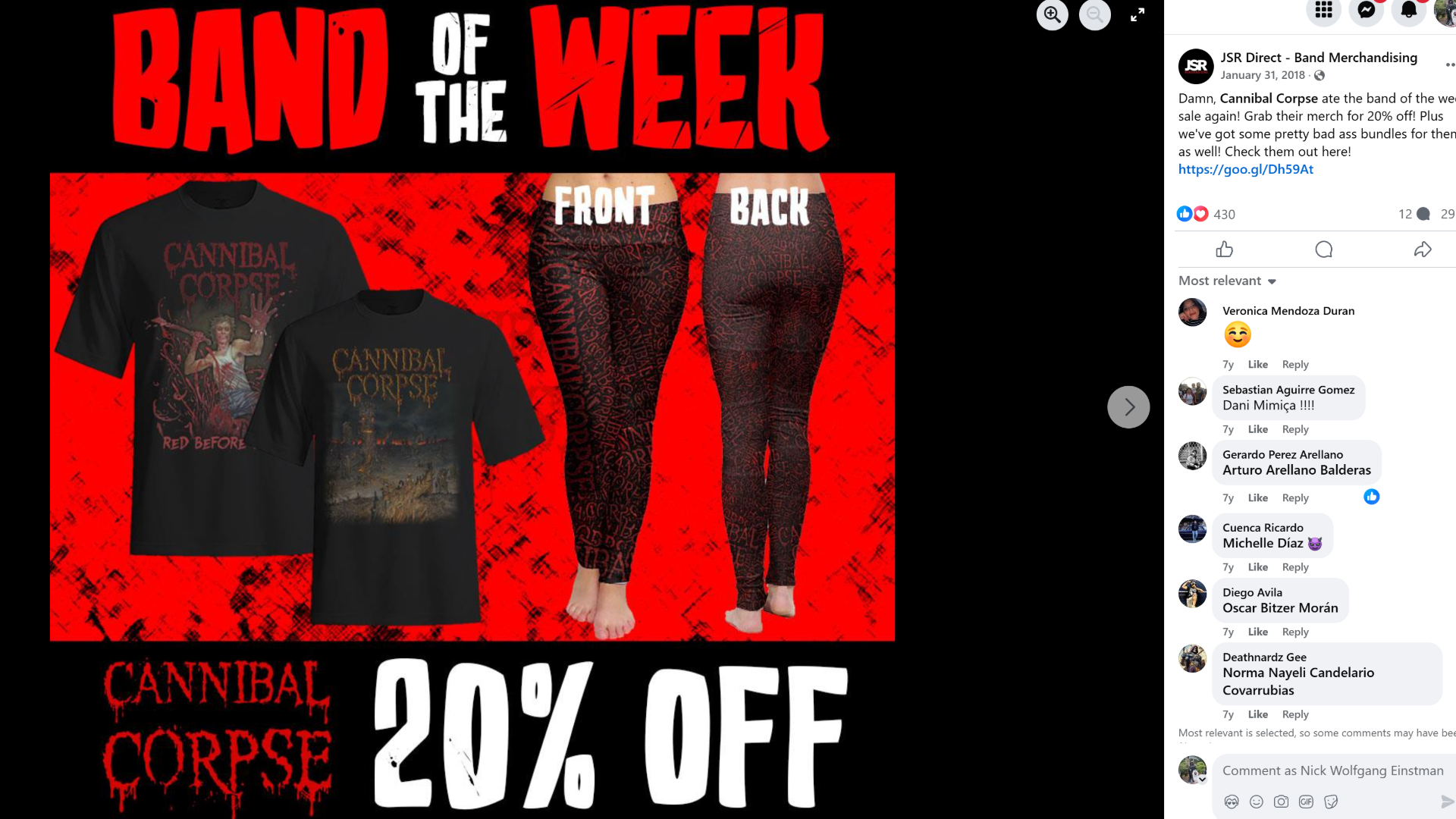 Promotional image for Cannibal Corpse merchandise with two T-shirts and leggings, advertising a 20% discount. The background is red with black grunge patterns. The text says "Band of the Week" at the top and "20% OFF" at the bottom.