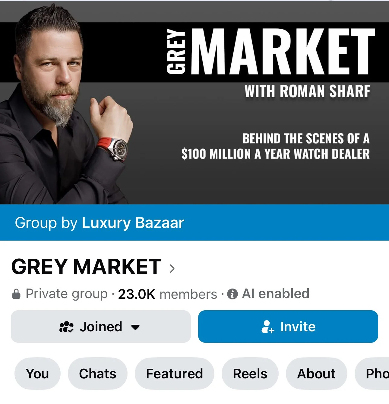 Facebook group page titled 'Grey Market' with a photo of a man wearing a black shirt and a red watch, promoting a show about luxury watches with Roman Sharf, part of a group called Luxury Bazaar.
