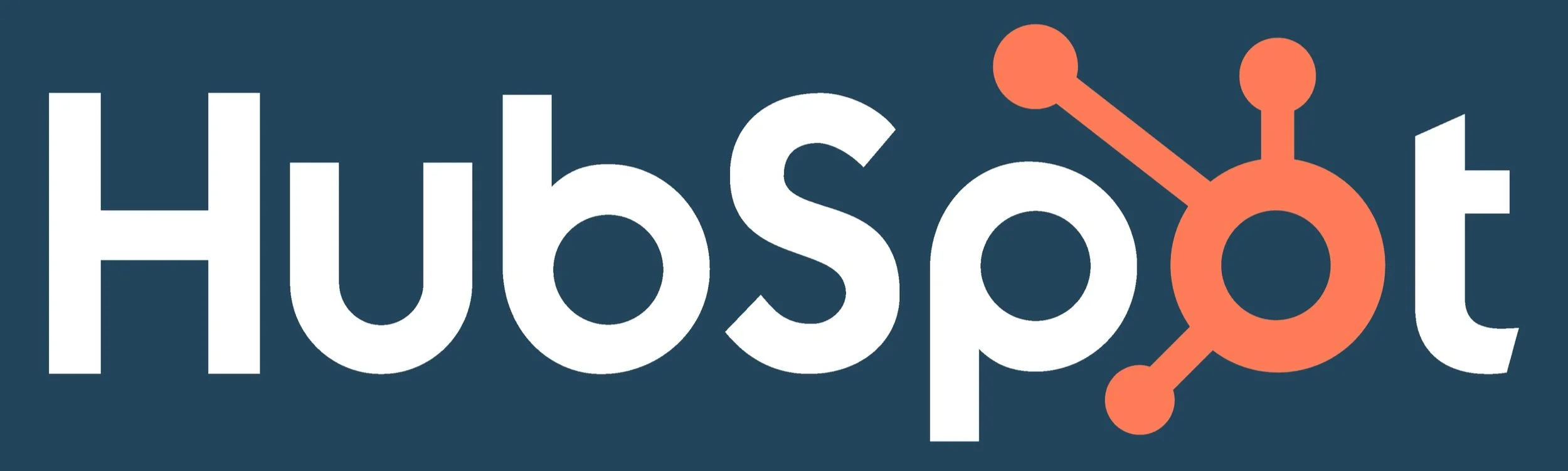 HUBspot logo with text in white and an orange connected node graphic on a dark blue background.