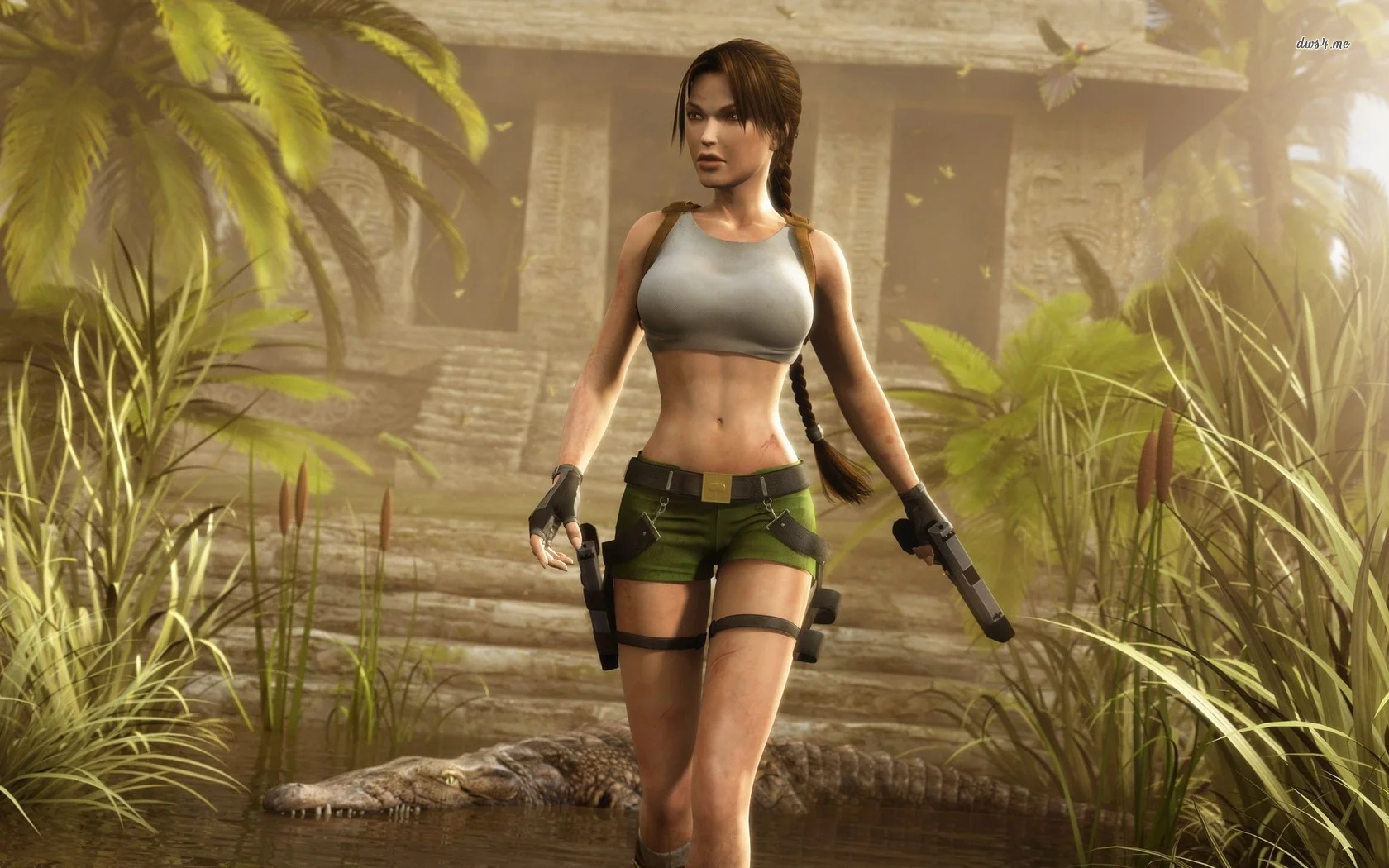 Lara Croft from Tomb Raider in an unnecessarily cropped shirt and even shorter shorts.