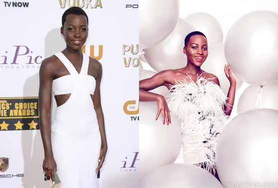 A portrait of black actress Lupita Nyong'o on the red carpet, left, and her lightened appearance as shown in the February 2014 issue of Vanity Fair magazine. (Miguel Reveriego/Vanity Fair.)