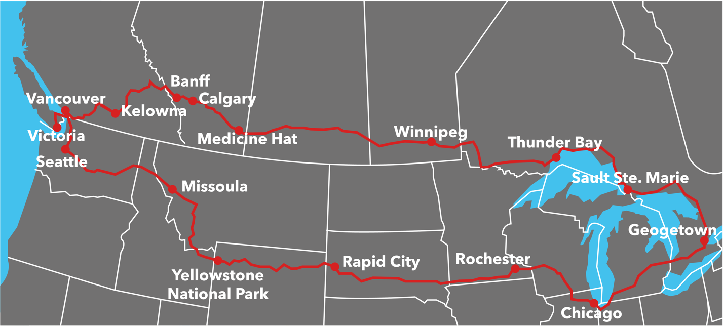Our trip route beginning in Georgetown, Ont. and travelling North-West through Canada, then back through the United States