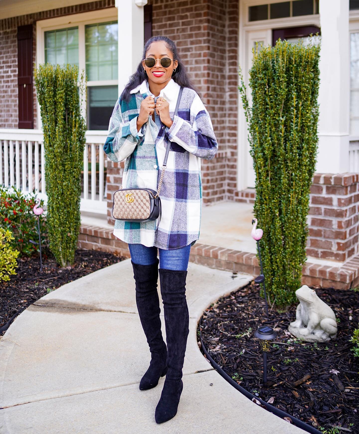 I&rsquo;m smiling here...but really, I&rsquo;m tired of being cold. 🥶😩 Outfit deets ⬇️
&bull;
&bull;
&ldquo;#Shacket&rdquo; - @shein_us 
Boots - @goodnightmacaroon 
Shades- @rayban 
Bag- @gucci