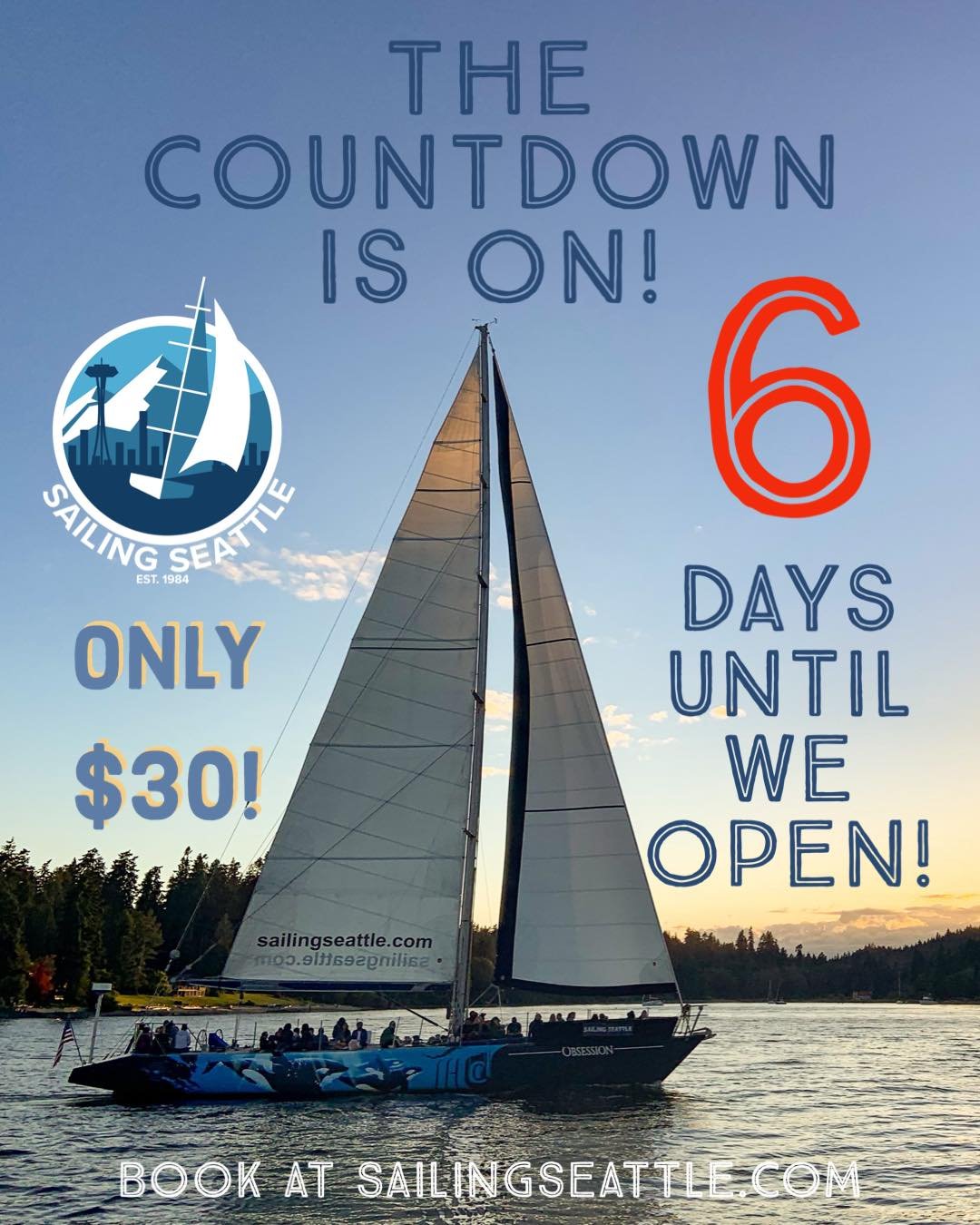 6 days until we open for the season! Only $30 for our 1.5hr sails and $45 for our 2hr Sunset Sails (May 1st-5th). All of our trips are BYOB, so grab your favorite wine or beer, bring some snacks, and join us on the water! Book at sailingseattle.com