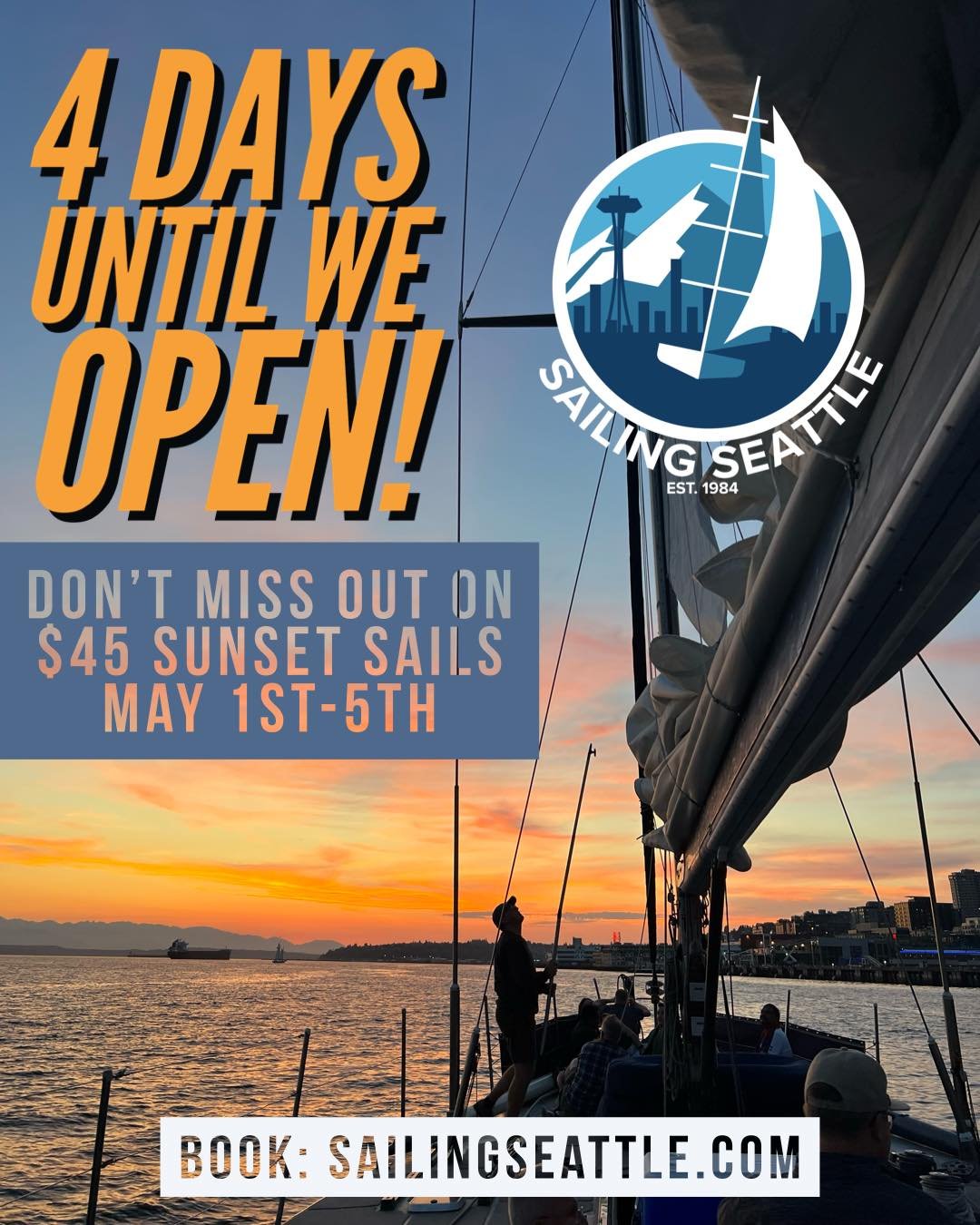 Sunshine is coming this Wednesday for our opening sail of the season! Only $30 for the Day Sails and $45 for the Sunset Sails May 1st-5th! Book at sailingseattle.com