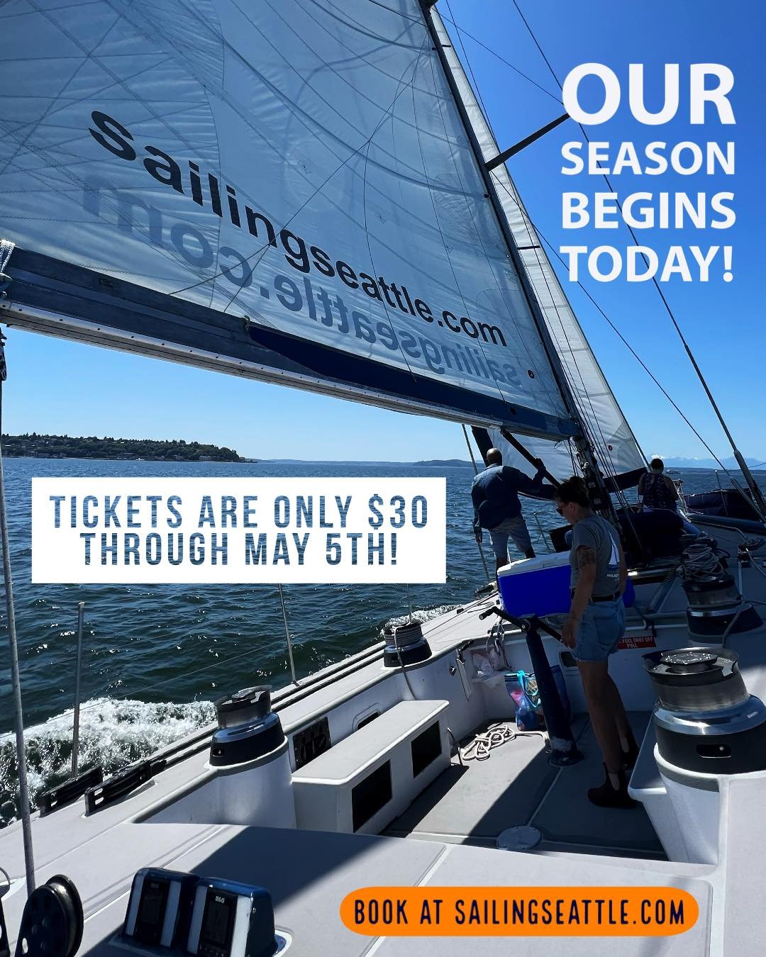 Happy opening day of sailing season! Forecast is calling for sun, a high of 60 degrees, and wind gusts up to 12mph. So a perfect day for sailing! Come on down to Pier 56 and take advantage of our opening week deals. Only $35 for the 1.5 hour sails an