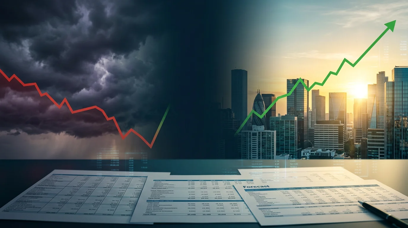 Financial schedules on a desk below a red line falling under storm clouds and a green line rising over a city skyline