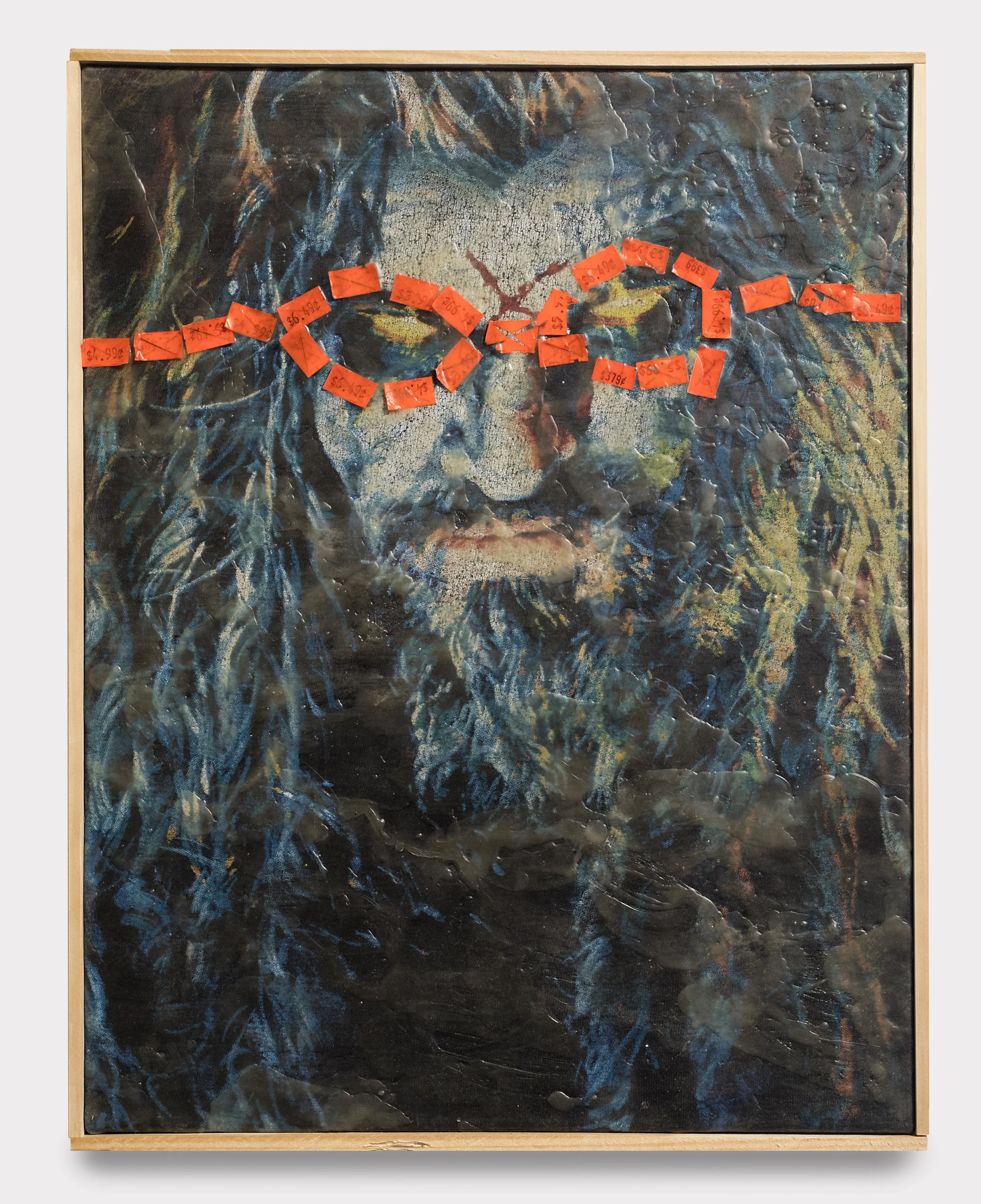 Matias Arganaraz Just Rob 2017 Stolen price tags, t-shirt, and beeswax in artist frame 18.5 x 14.5 inches