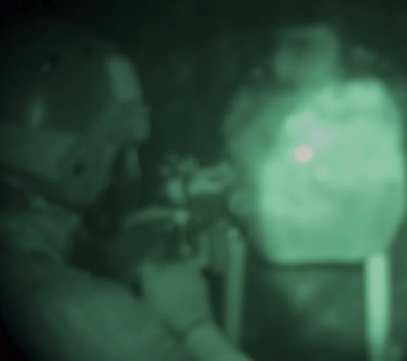 DBAL-A3 was used to engage target in night stage. Camera recorded laser’s small green dot (center of target) as large and white.