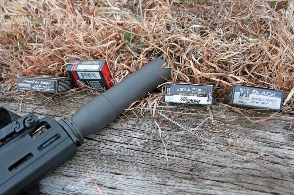 The SIG Sauer SRD762-QD rifle suppressor, mounted on the MCX Rattler. The adjustable gas system is visible at the end of the Rattler’s forend.
