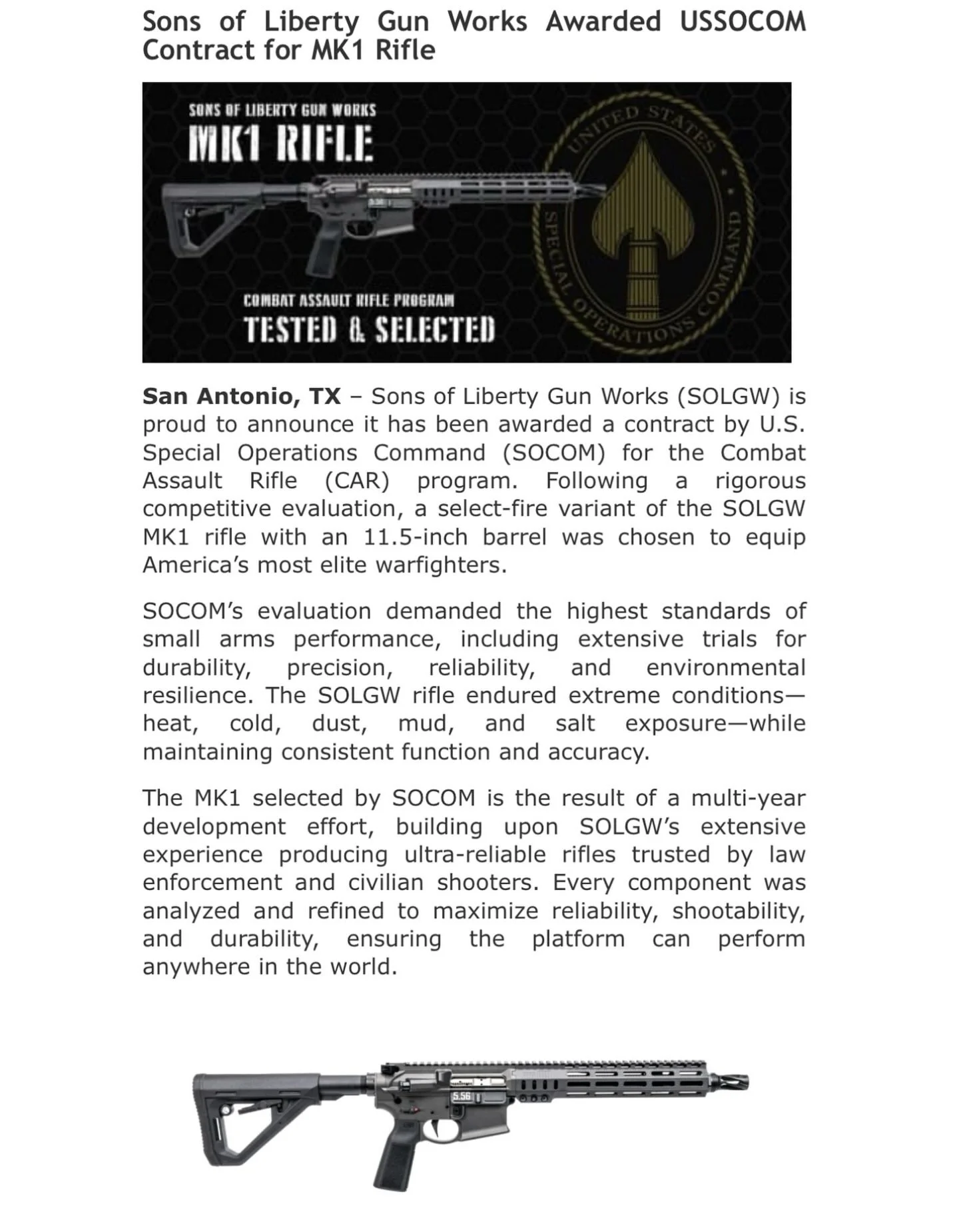 Congratulations to the crew at @sonsoflibertygw on this impressive milestone. The MK1 platform continues to showcase exceptional performance and craftsmanship.

Many of our instructors have recently transitioned to the MK1 as well, citing its reliabi