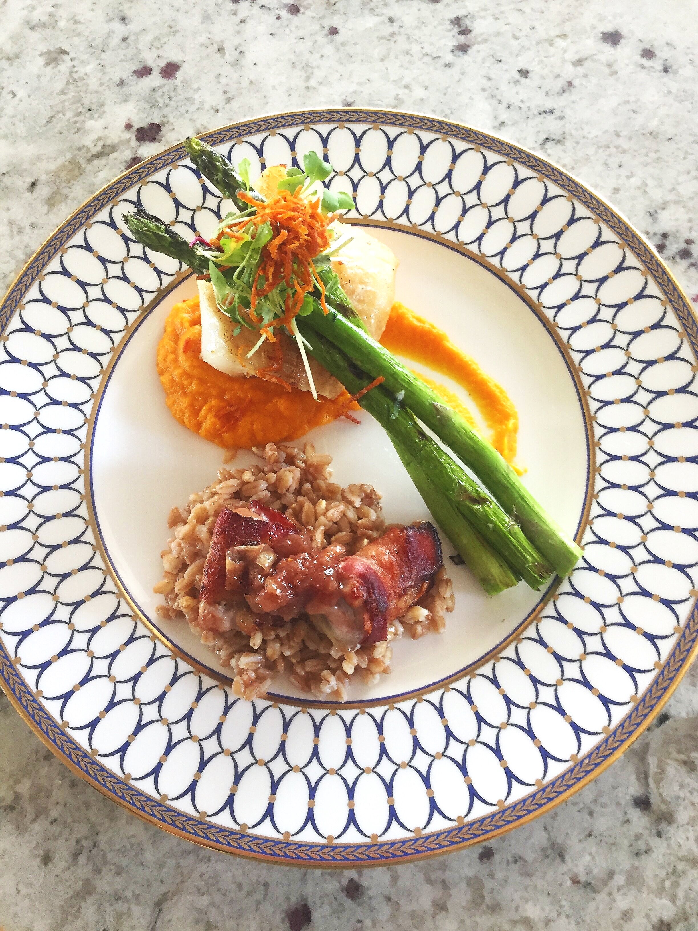 Surf and Turf: Bacon wrapped quail and seared Sea Bass