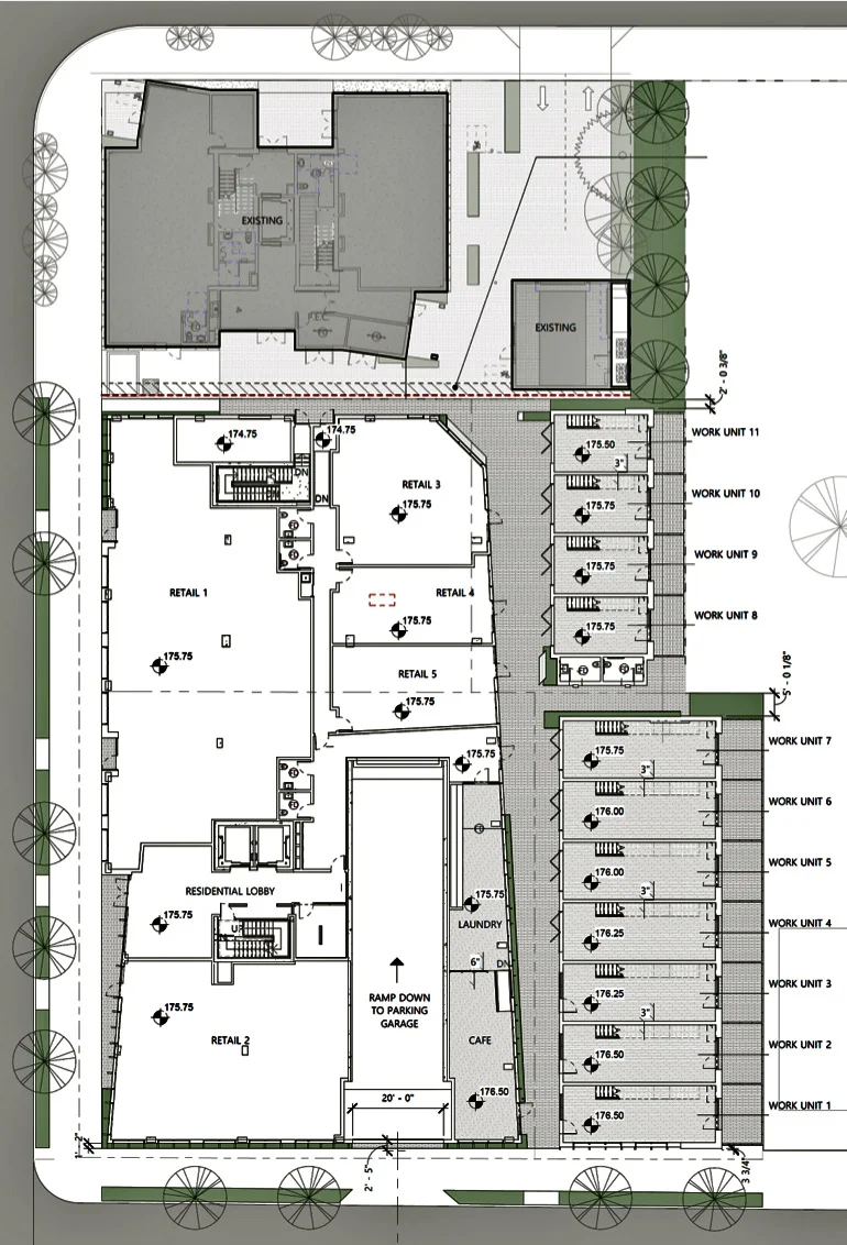 Top, left: Carbon 12 is the northern part of a 1.1-acre (0.5 ha) site southeast of Kaiser’s three-building office and retail project that became One North/Radiator at the intersection of North Williams Street and NE Fremont Street, and just west of a grocery store. (Kaiser Group)