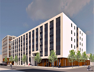 A six-story, 110,000-square-foot (10,000 sq m), mixed-use project with a 70-unit elder housing building stands next to a 17-unit retail component called Makers’ Alley with small, affordable spaces for Portland’s burgeoning artisanal and small-craft industries. (Kaiser Group)