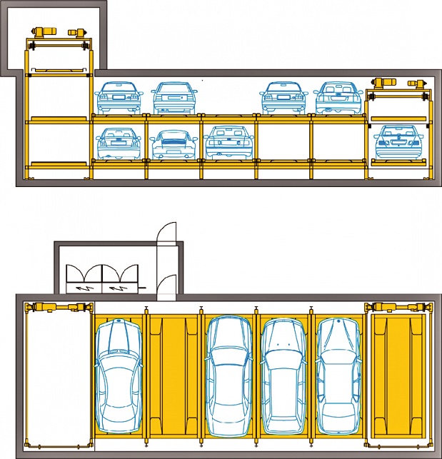 The Wohr Levelparker 590 model robotic system was designed for small-footprint areas. Carbon 12’s installation houses 22 cars in a space that comes to less than 90 square feet (8 sq m) per space, which amounts to only about 20 percent of a traditional parking structure. (Wohr GMBH)